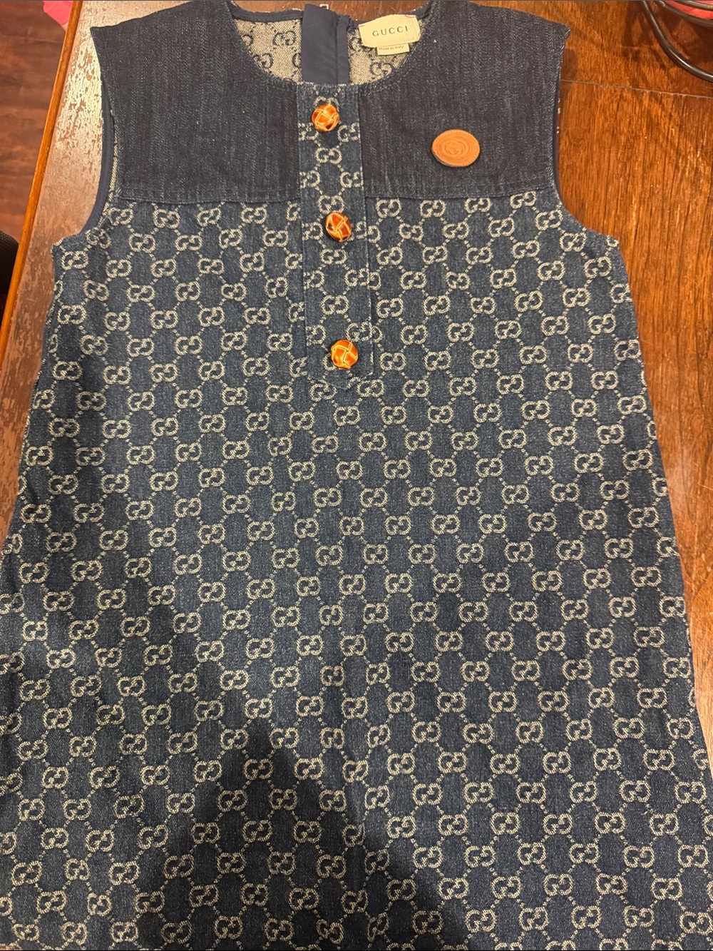 Gucci Blue Denim GG Jacquard Sleeveless Shift Dress with Orange Accents